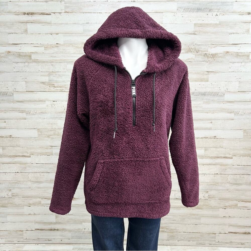 Victorias Secret Pink Teddy Fleece Jacket Womens Size XS Burgundy Quarter Zip